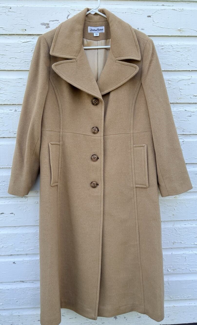 Camel Trench Coat Tan Satin Lined Womens 14P Wide Collar Vintage Jacket READ